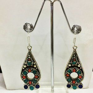 Tibetan Natural Turquoise & Coral Handmade Beaded Vintage Ethnic Earrings